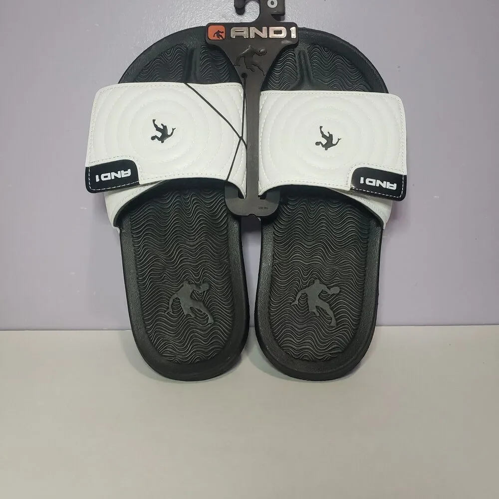 AND1 NWT White Black Men's Unisex Slides Slip On Sandals Sz 8